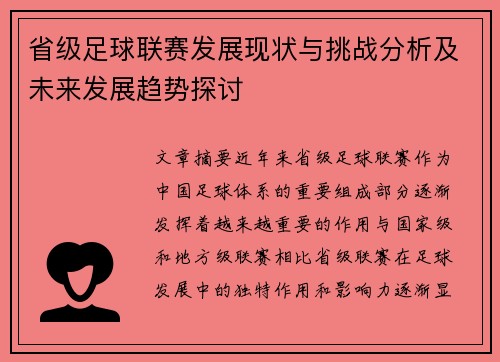 省级足球联赛发展现状与挑战分析及未来发展趋势探讨