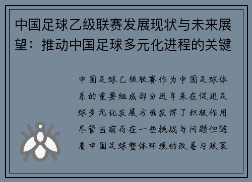 中国足球乙级联赛发展现状与未来展望：推动中国足球多元化进程的关键一步