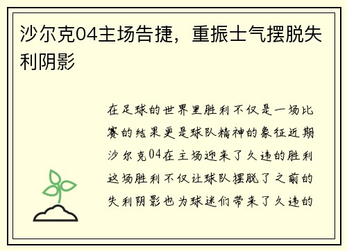 沙尔克04主场告捷，重振士气摆脱失利阴影
